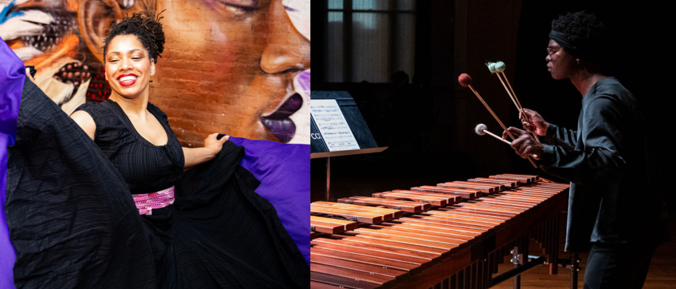 A Black woman smiles widely as she dances in front of a mural; a profile of a Black person with glasses stands in front of a marimba. 