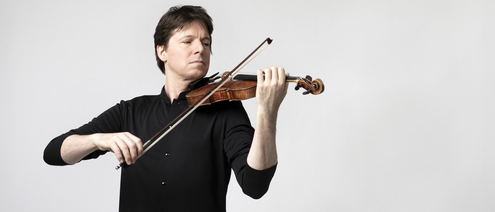 A white man with brown hair plays violin in a black shirt in front of a white background. 