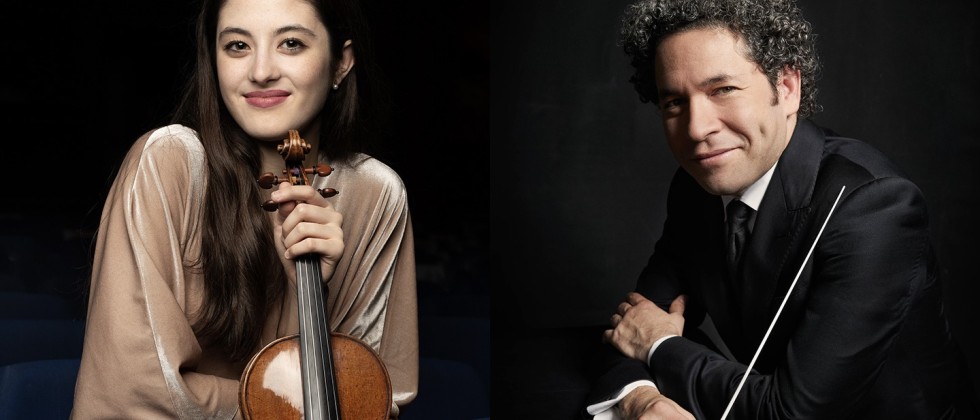 a collage depicting a smiling dark-haired young woman holding a violin and a smiling man with curly dark hair holding a conductor's baton