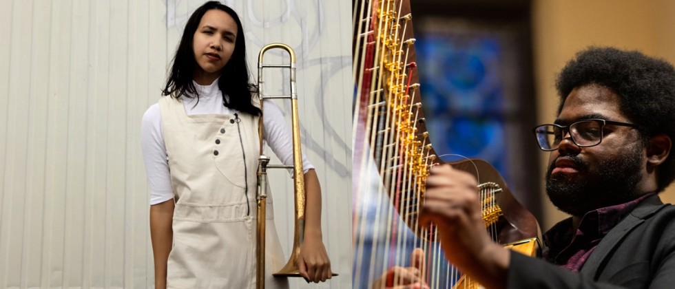 Split image: A woman with dark hair stands holding a trombone in a beige and white outfit, a bearded black man with glasses plays the harp. 