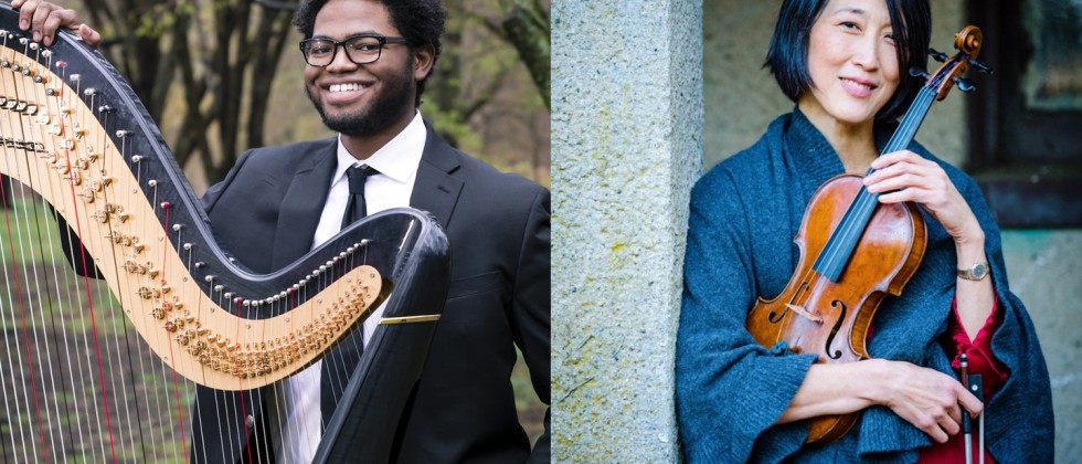 A collage with a smiling black man in a suit standing with his harp and a smiling east asian woman with blue highlights in her dark hair cradling her violin