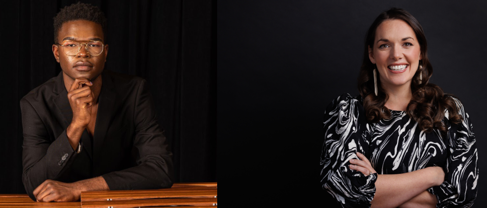 A Black person wearing gold, aviator-style glasses leans on a marimba; a white woman with long earrings stands in a marbled top. 