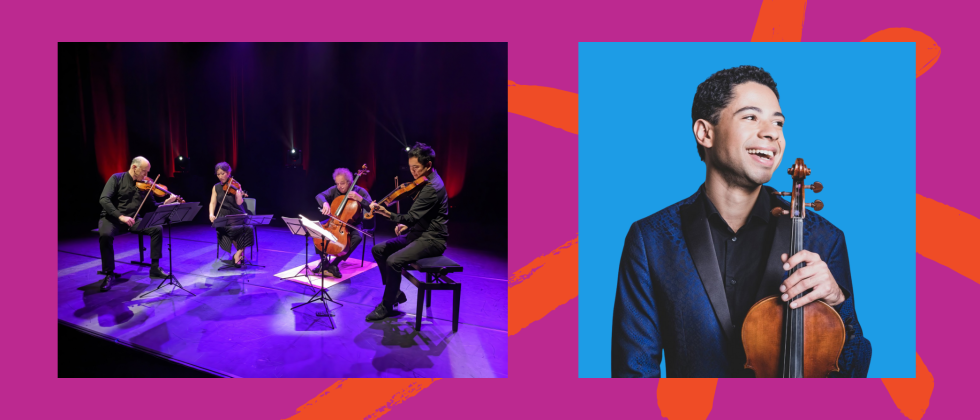 Split Image: a string quartet of three men and one woman performs on a modern stage, a young man smiles holding a viola