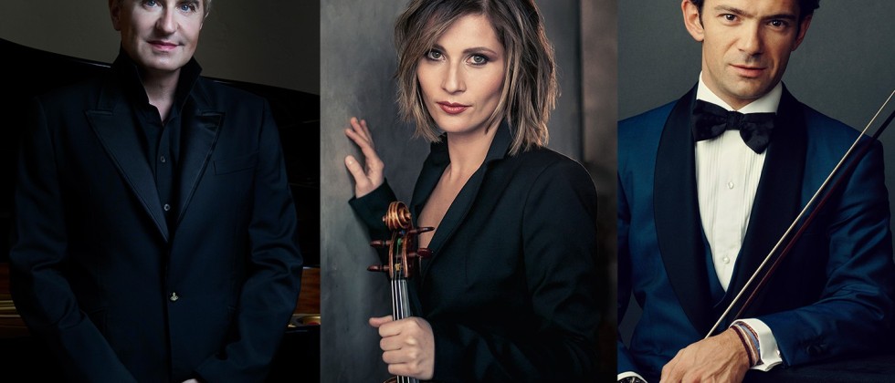 A collage image of a white man with platinum hair wearing a dark jacket and shirt, a white woman with wavy brown hair holds a violin, and a white man with dark hair wears a formal jacket and bow tie