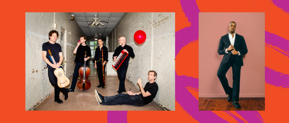 Split image: a group of baroque musicians stand in a whitewashed brick hallway, a black man posing in a stylish suit.