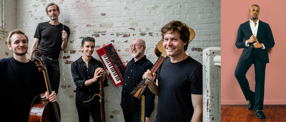 Split image: a group of baroque musicians stand in a whitewashed brick room, a black man posing in a stylish suit.