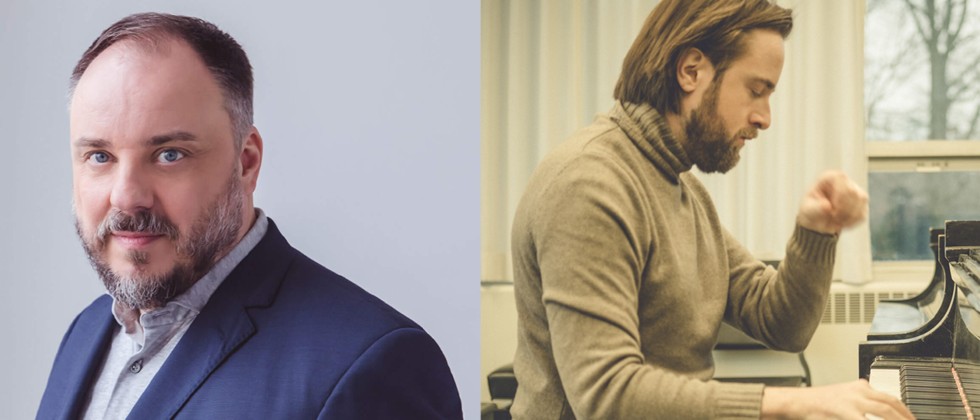 Split image: a white man in a blue suit with facial hair, the profile of a bearded white man sitting at the piano in a sepia tone.