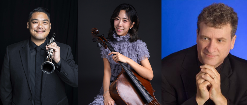 A split image: a man in a dark suit with a clarinet, a woman in a dark top with dots leaning on a cello, a man in a dark suit leaning on a piano. 