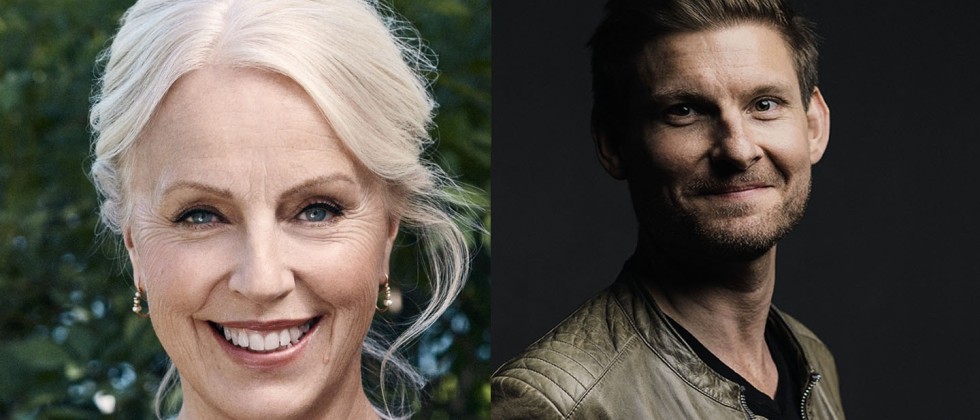 a collage of a white woman with silver hair and a brilliant smile, and a smiling younger white man with coarse stubble and a gray-brown leather jacket
