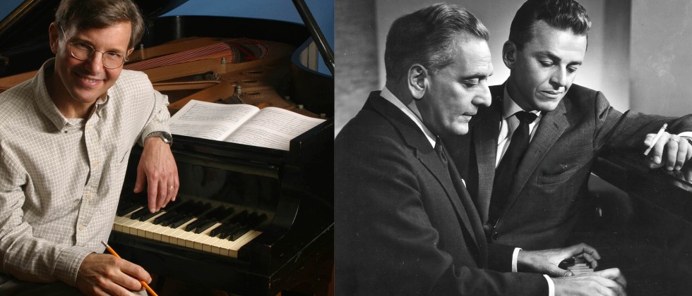 Split image: A white, brown-haired man poses in front of a grand piano, a black and white photo of two men sitting at a piano. 