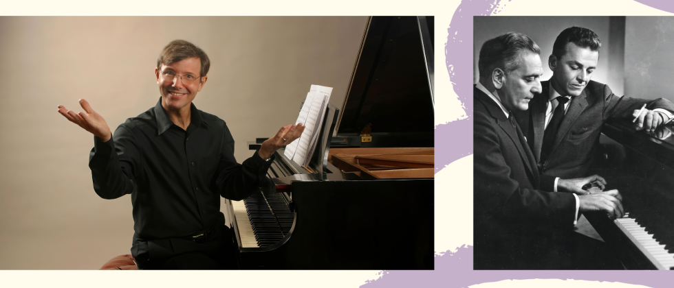 Split image: A white, brown-haired man poses in front of a grand piano, a black and white photo of two men sitting at a piano. 