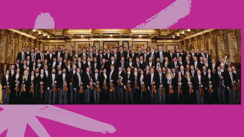 the vienna philharmonic, A very large orchestra dressed in formal concert attire stands together holding their instruments in a large ornate room. inset photos of lang lang and andris nelsons