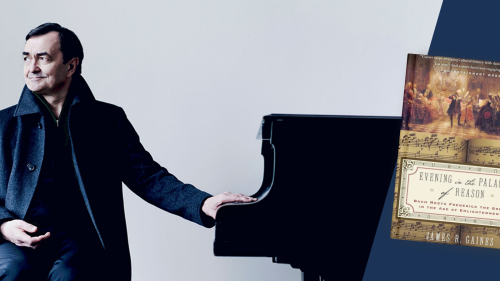 pierre-laurent aimard places one hand on a grand piano with the cover of evening in the palace of reason superimposed