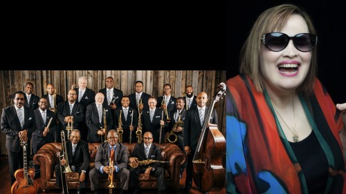Split image of Count Basie Orchestra, eighteen black and white men in suits standing in front of a wooden wall and sitting on a couch, and Diane Schuur, 