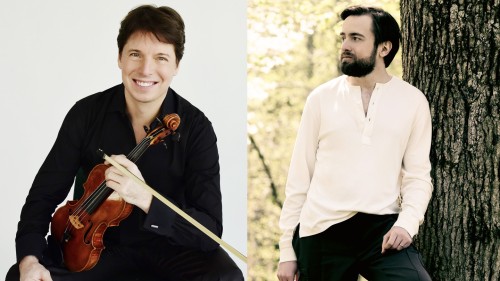 Split image of Joshua Bell, a white man with brown hair wearing a black shirt and holding a violin in front of a white background, and Daniil Trifinov, a white man in a white shirt standing in front of a tree. 