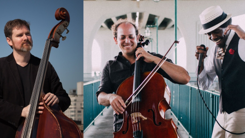 a man holds a double bass outdoors under a cloudless sky, a cellist and a beatboxer smile as they perform together 
