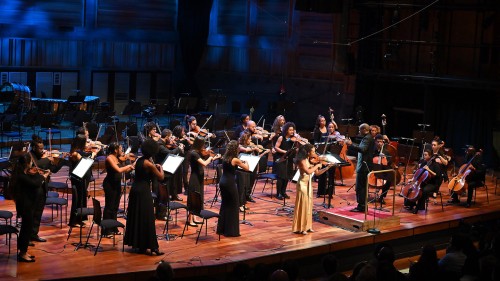 24 musicians from Chineke! Orchestra in black outfits stand on stage, playing their instruments. A woman in a gold dress stands front center, playing a violin.