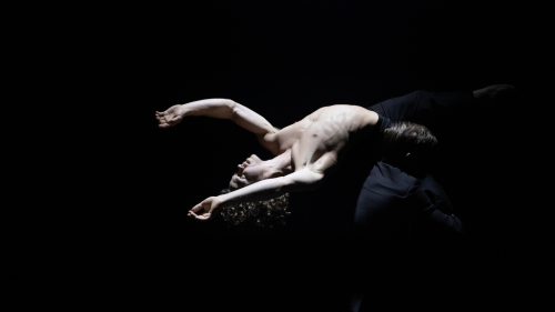 a circus performer, lifted by a barely-visible colleague, arcs his torso backward, his pale skin luminescent under a single spot of stark white lighting