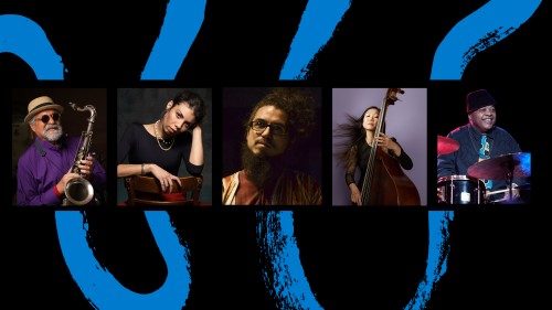 portraits of Melissa Aldana, Leo Genovese, Linda May Han Oh with her bass, and Jeff "Tain" Watts in performance.
