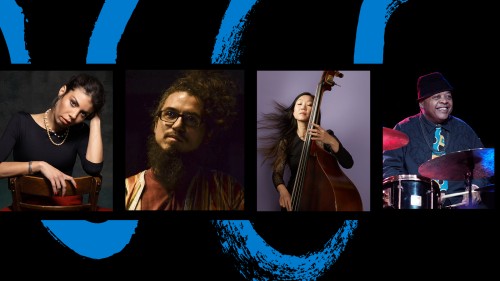 portraits of Melissa Aldana, Leo Genovese, Linda May Han Oh with her bass, and Jeff "Tain" Watts in performance.