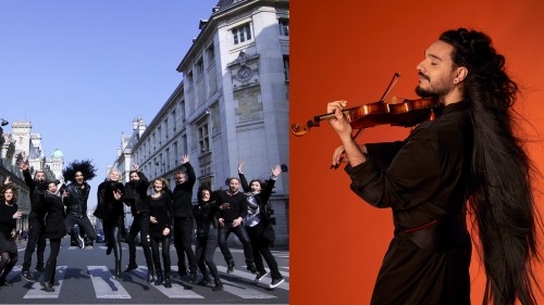 Double Sens Chamber Orchestra, group candid photo; Nemanja Radulovic studio portrait with violin