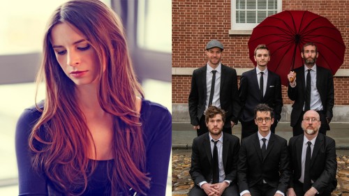 Split image of Emi Ferguson, a white woman with red/brown hair in a black top against a window and Ruckus, an ensemble of six men in suits against a brick background.
