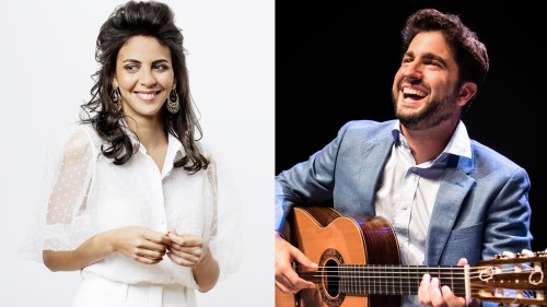Split image of Fatma Said, a middle eastern woman with dark hair in a white top against a white background, and Rafael Aguirre, a Hispanic man in a blue suit with a white shirt holding a guitar in front of a black background. 