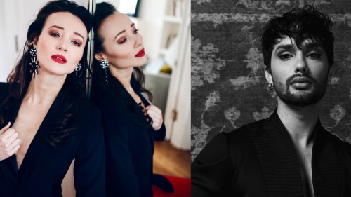 A collage image: on the left, a white woman with long dark hair poses in a red gown, one hand behind her head and the other reaching towards her shoulder dramatically. On the right, a black and white closeup of a man with dramatic eyeliner, hoop earrings,