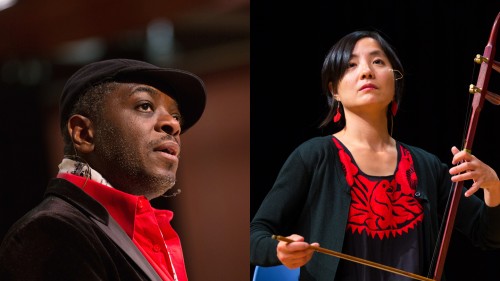 a split image of a black man wearing a black cap, a red shirt, and a black jacket and an east asian woman in a red-patterned shirt playing an erhu 