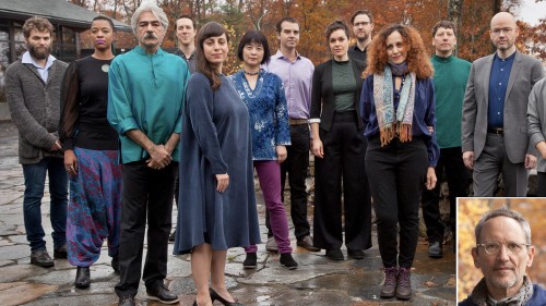 The cast of Falling Out of Time, a group of thirteen men and women standing outside on a stone path with orange trees behind them, with an inset photo of Osvaldo Golijov in the bottom right corner. 