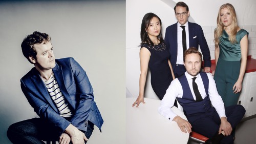 Split image of Benjamin Grovesner, a white man in a blue suit and a striped shirt standing in front of a gray background, and Doric String Quartet, two women and two men posing as a group in front of a white background. 