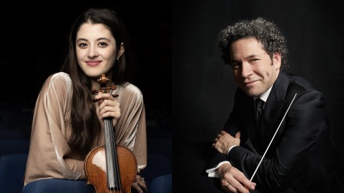 a collage depicting a smiling dark-haired young woman holding a violin and a smiling man with curly dark hair holding a conductor's baton