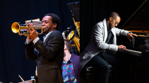 a collaged photo of two musicians a trumpeter performing and a pianist leaning over the keys in a studio portrait