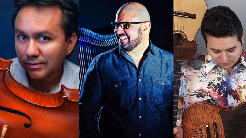 a collage image of three latino men. one holds a cello and one holds a venezuelan cuatro