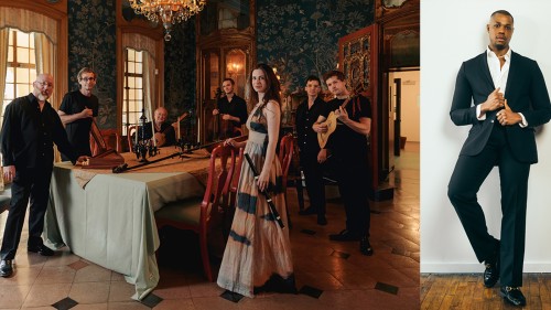 Split image: a group of baroque musicians stand in an ornate dining room, a black man posing in a stylish suit.