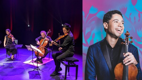 Split Image: a string quartet of three men and one woman performs on a modern stage, a young man smiles holding a viola