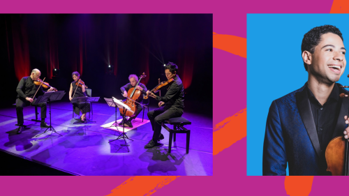 Split Image: a string quartet of three men and one woman performs on a modern stage, a young man smiles holding a viola