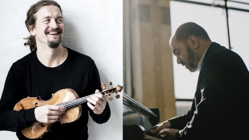 a collage image of a smiling violinist and a pianist playing in front of a large window