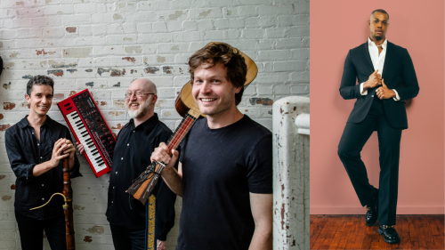 Split image: a group of baroque musicians stand in a whitewashed brick room, a black man posing in a stylish suit.