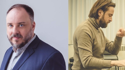 Split image: a white man in a blue suit with facial hair, the profile of a bearded white man sitting at the piano in a sepia tone.