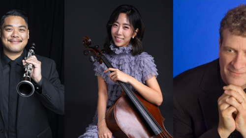 A split image: a man in a dark suit with a clarinet, a woman in a dark top with dots leaning on a cello, a man in a dark suit leaning on a piano. 