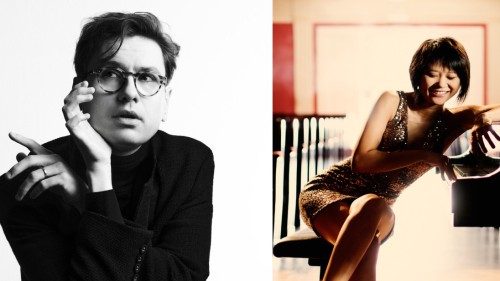 A collage image: on the left, a black and white photo of a white man in a dark shirt and round glasses, his arms folded upward with his hands by his face. On the right, a photo of a Chinese woman leaning to the side on the keys of a piano, smiling in a sp