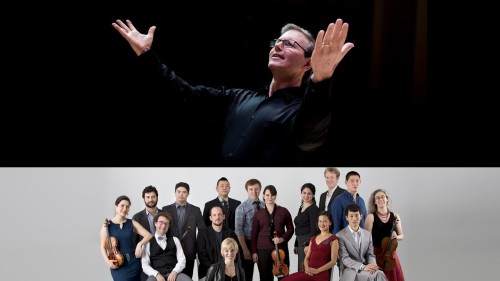 Split image of Rob Kapilow, a white man in a black shirt against a black background, and A Far Cry, a chamber orchestra of twelve men and women sitting and standing and holding string instruments. 