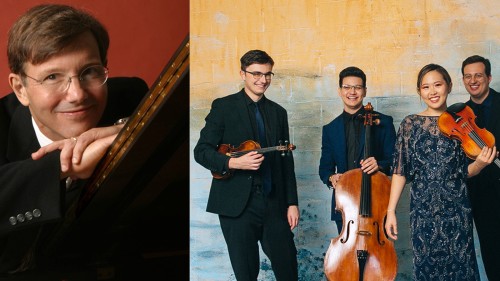 Split image: A white man with glasses rests his chin on his hand, a string quartet poses with instruments smiling in dark navy outfits. 
