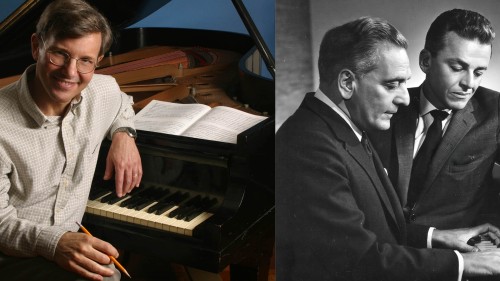 Split image: A white, brown-haired man poses in front of a grand piano, a black and white photo of two men sitting at a piano. 