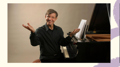 Split image: A white, brown-haired man poses in front of a grand piano, a black and white photo of two men sitting at a piano. 