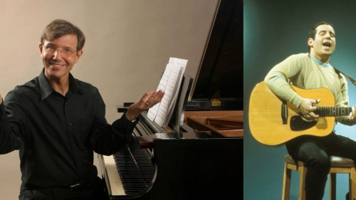 split image of rob kapilow demonstrating music, and a vintage photo of paul simon and art garfunkel in performance