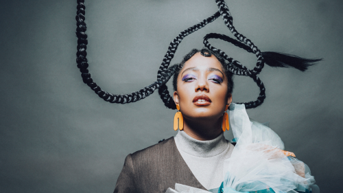a woman with light brown skin, purple eyeshadow, and long braids arranged or captured by the camera in a structural swirl around her head