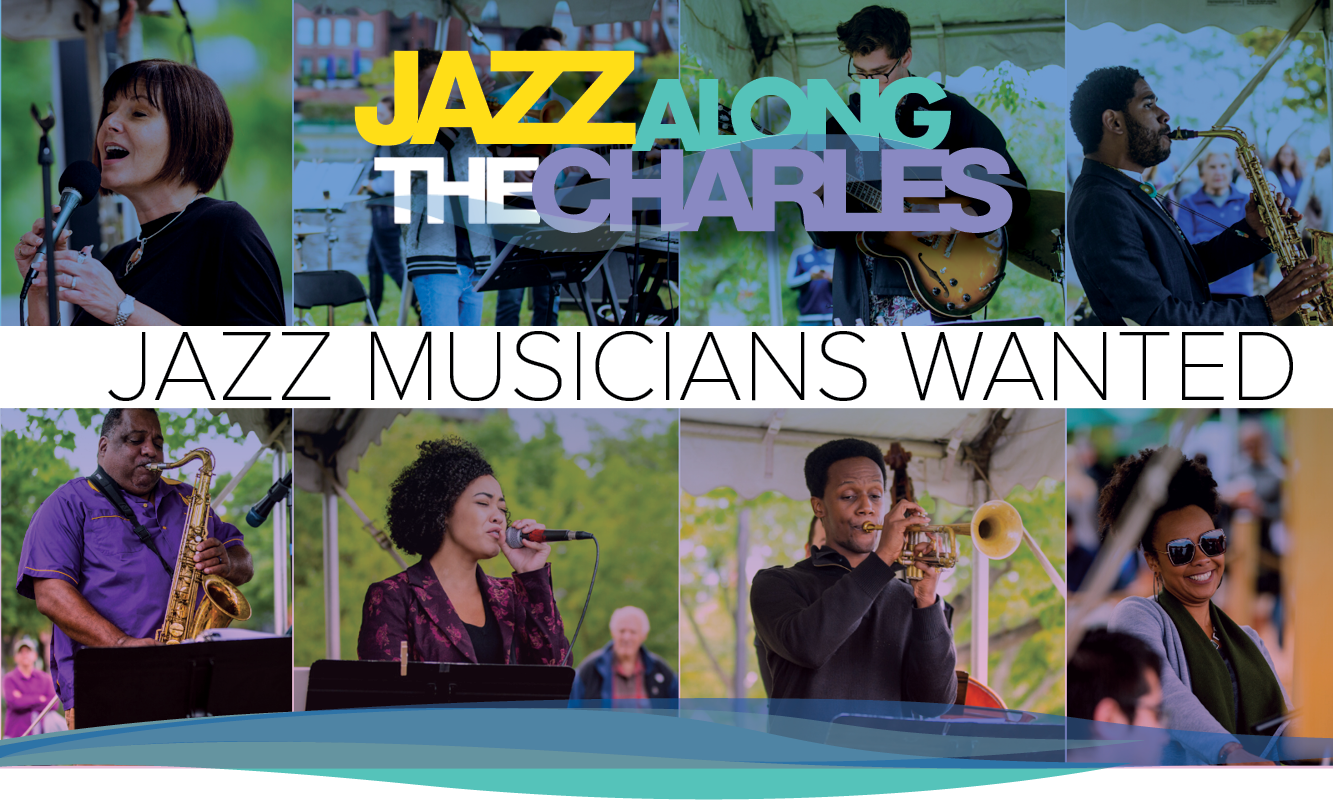 Celebrity Series of Boston logo, Jazz Along the Charles text over a collage of photos of jazz musicians performing at an outdoor concert event