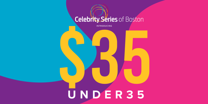 Celebrity Series introducing $35 under 35, with $35 very prominent in gold over a pink, blue, and purple swirly background